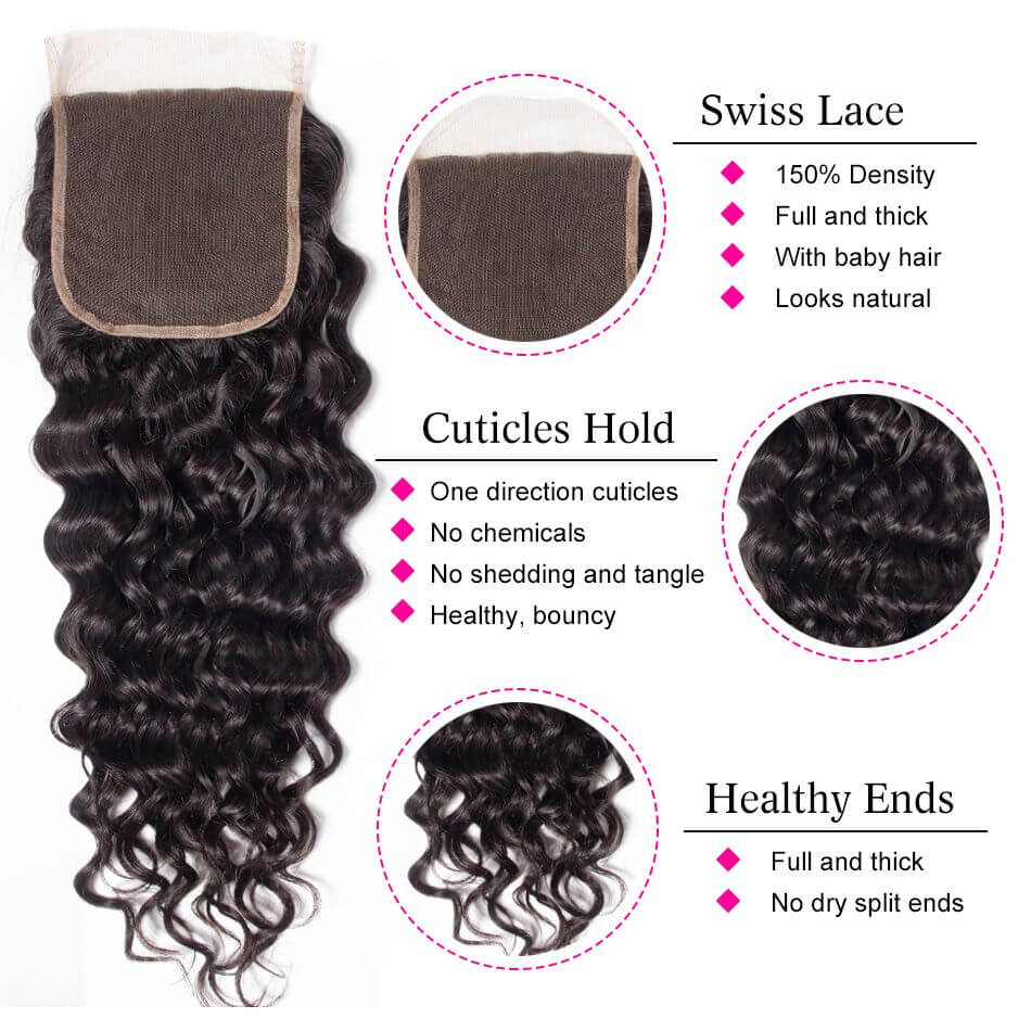 Evanhair Water Wave Hair 5x5 Lace Closure Free Part – Wet and Wavy 100% Human Hair, Pre-Plucked & Natural Look