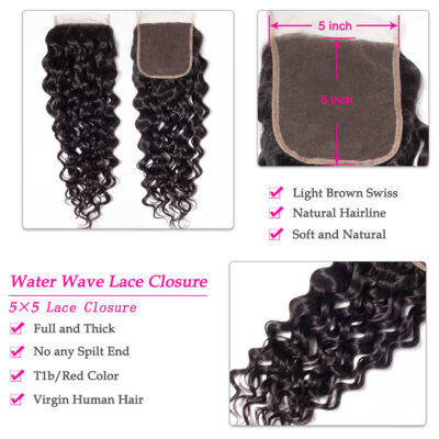 Evanhair Water Wave Hair 5x5 Lace Closure Free Part – Wet and Wavy 100% Human Hair, Pre-Plucked & Natural Look