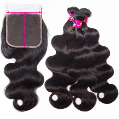 Evanhair Brazilian Body Wave Hair 3 Bundles with 5×5 Lace Closure – Natural Black, 100% Human Hair, 10-30 Inch, Silky & Soft