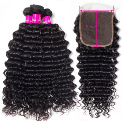 Evanhair Brazilian Deep Wave Hair 3 Bundles with 5×5 Lace Closure – Natural Black, 100% Human Hair, 10-30 Inch, Silky & Soft