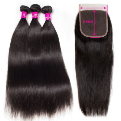 Evanhair Brazilian Straight Hair 3 Bundles with 5×5 Lace Closure – Natural Black, 100% Human Hair, 10-30 Inch, Silky & Soft