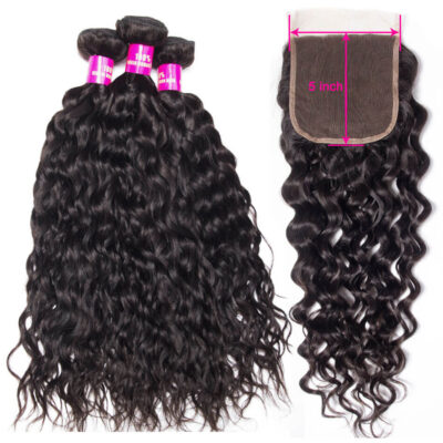 Evanhair Brazilian Water Wave Hair 3 Bundles with 5×5 Lace Closure – Natural Black, Wet and Wavy 100% Human Hair, 10-30 Inch, Silky & Soft