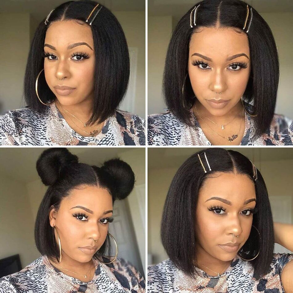 Short Kinky Straight Bob Wig 180% Density Yaki Human Hair Natural Look - Image 1