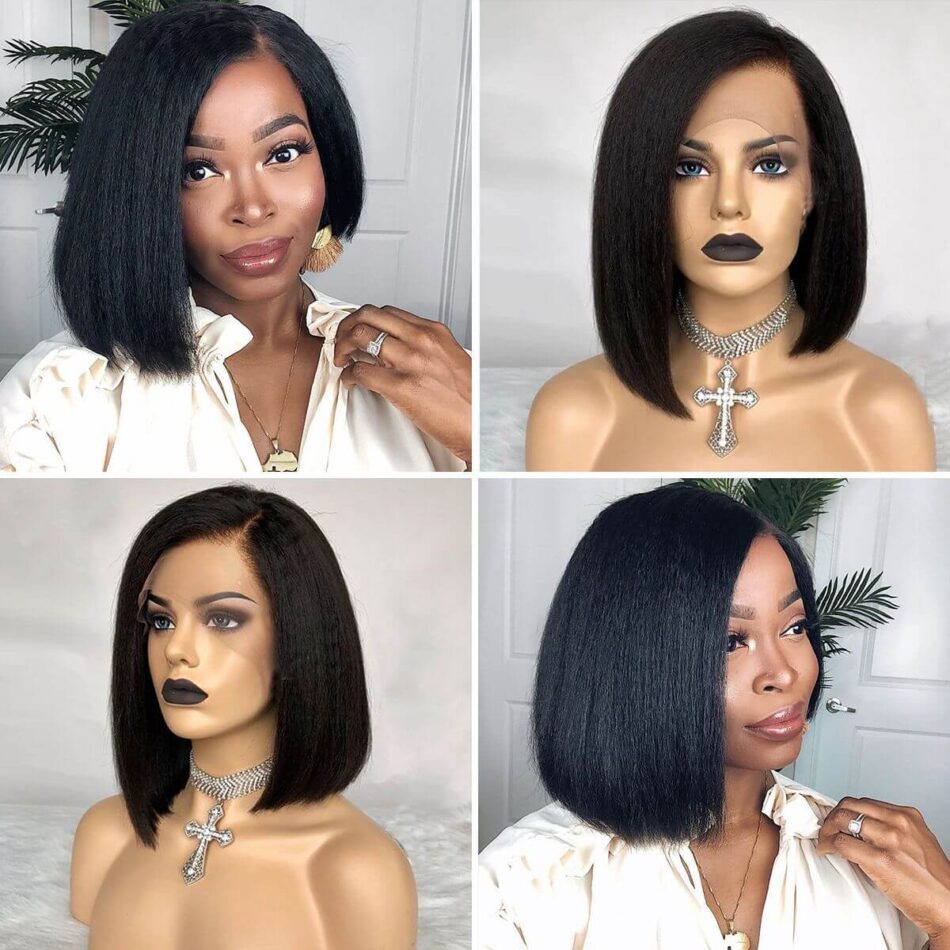 Short Kinky Straight Bob Wig 180% Density Yaki Human Hair Natural Look - Image 4