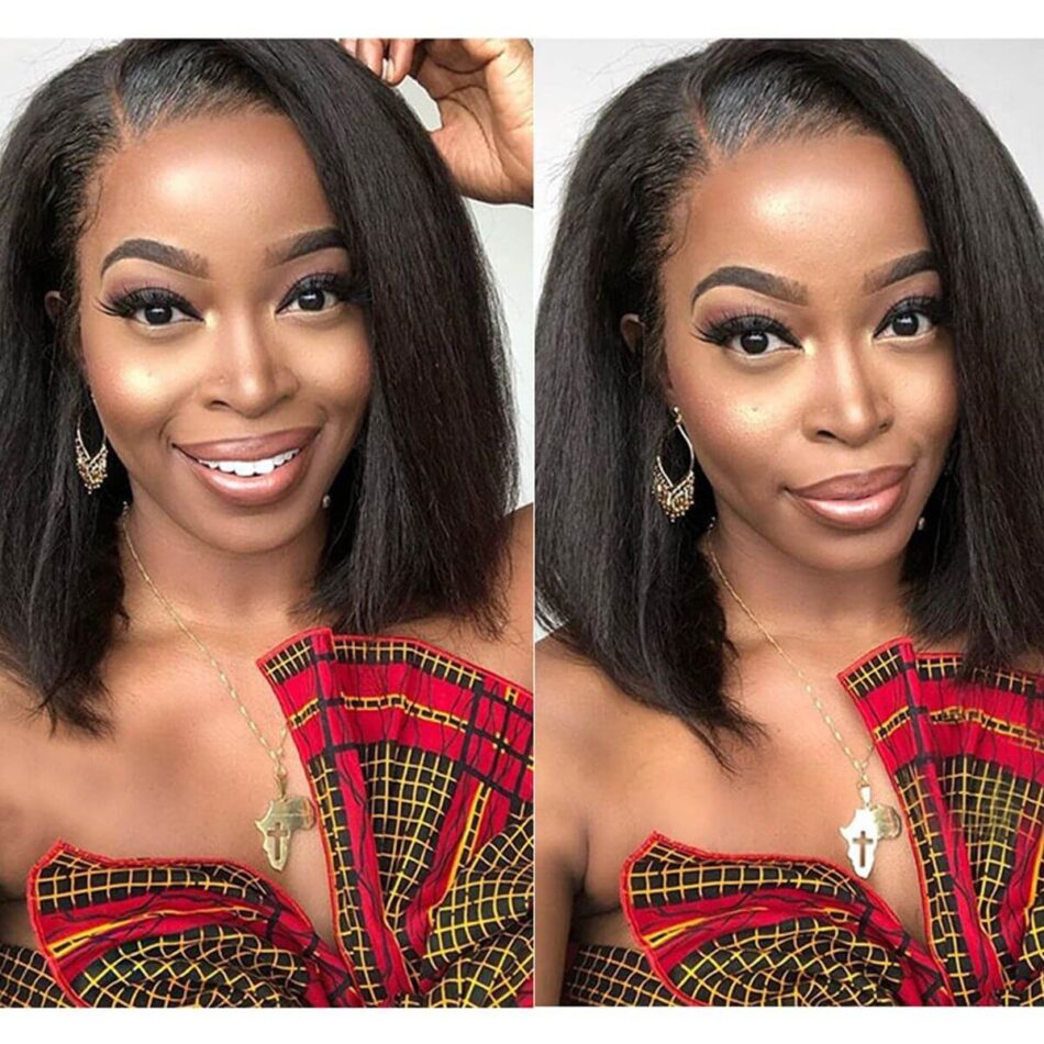 Short Kinky Straight Bob Wig 180% Density Yaki Human Hair Natural Look - Image 6
