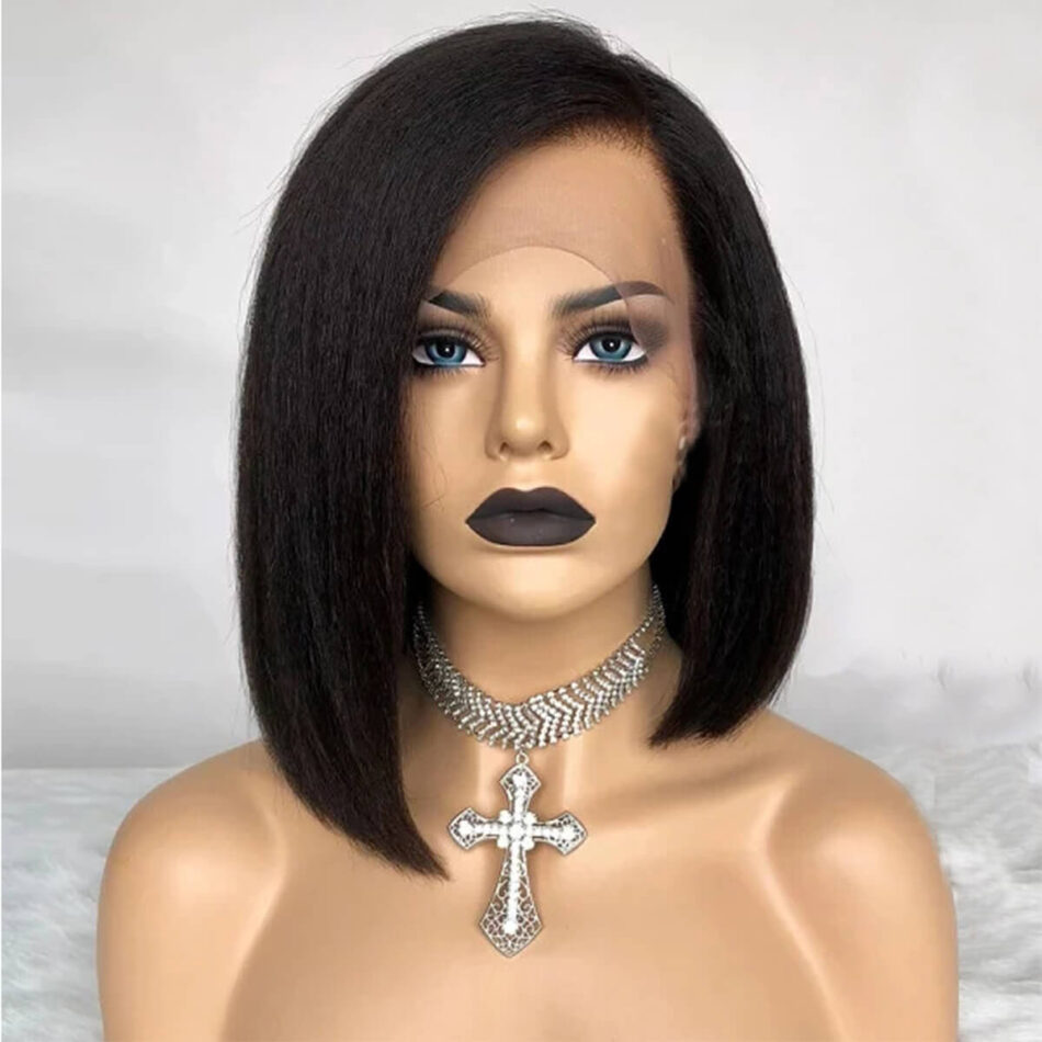 Short Kinky Straight Bob Wig 180% Density Yaki Human Hair Natural Look - Image 2