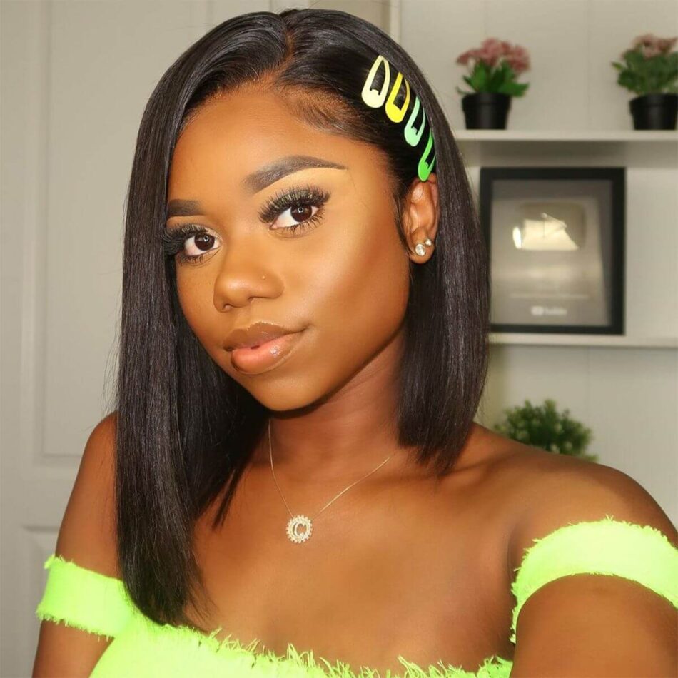 Short Straight Bob Wig Human Hair Lace Front 180% Density Side Part Natural Look - Image 1
