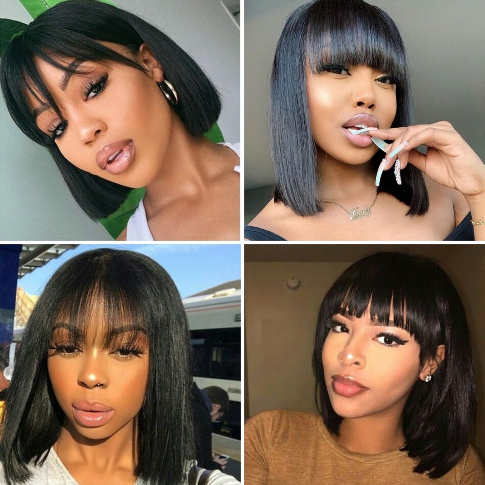 Short Straight Bob Wig With Bangs 180% Density Human Hair Lace Front - Image 7