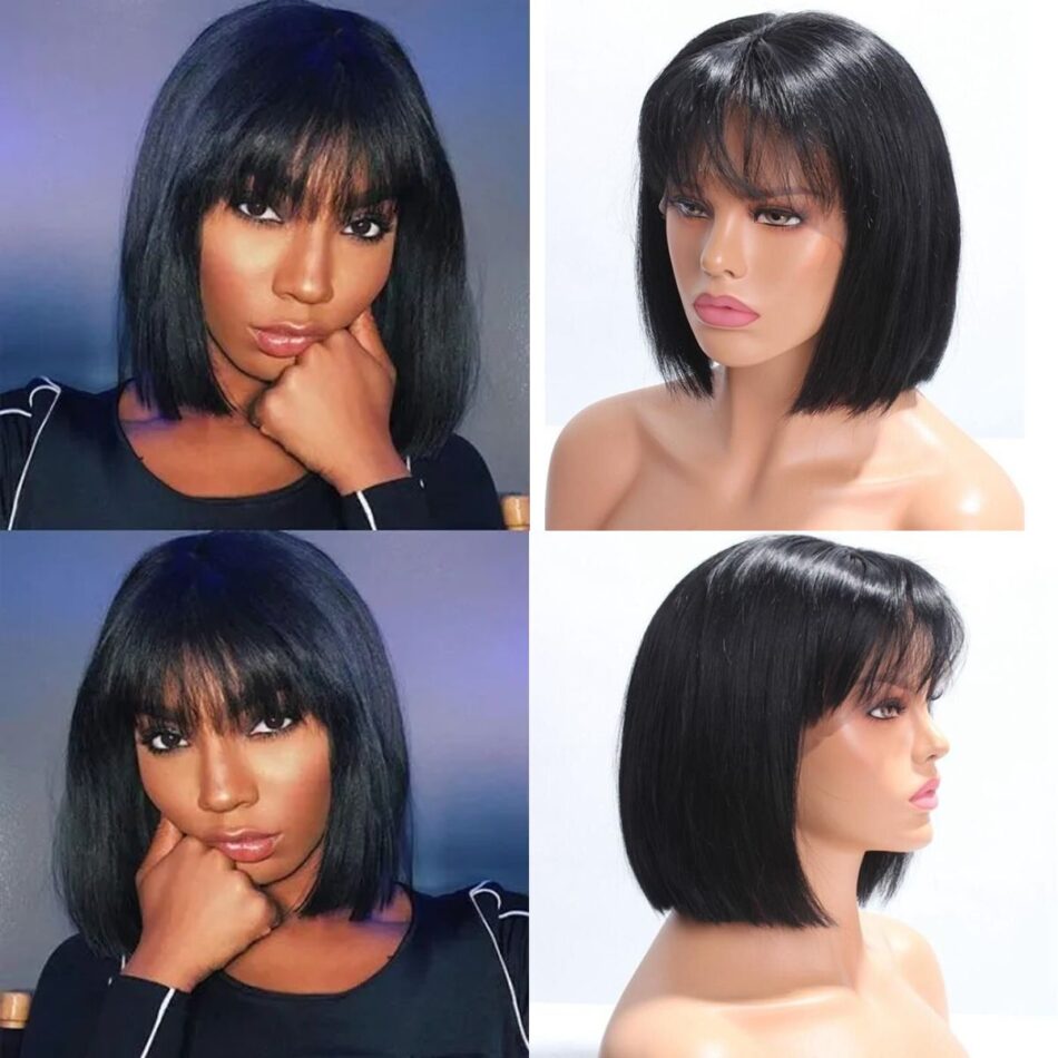 Short Straight Bob Wig With Bangs 180% Density Human Hair Lace Front - Image 4
