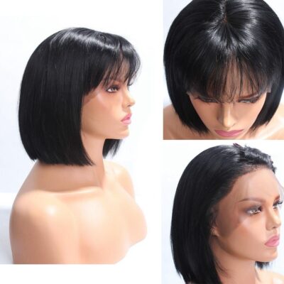 Short Straight Bob Wig With Bangs 180% Density Human Hair Lace Front - Image 3