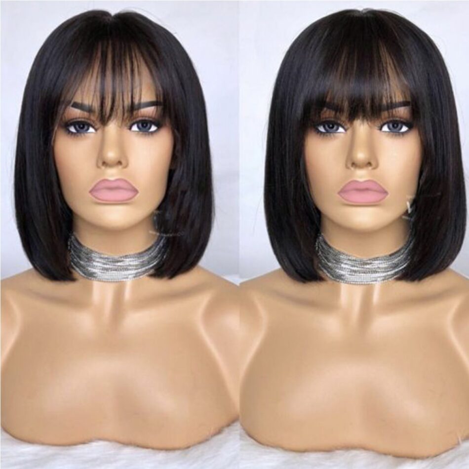 Short Straight Bob Wig With Bangs 180% Density Human Hair Lace Front - Image 2