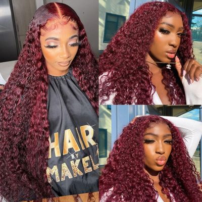 99J Burgundy Curly Hair Wig Human Hair Lace Front 180% Density - Image 4