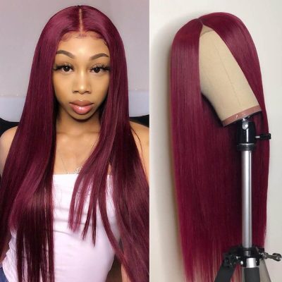 99J Burgundy Straight Wig Human Hair Lace Front 180% Density - Image 4