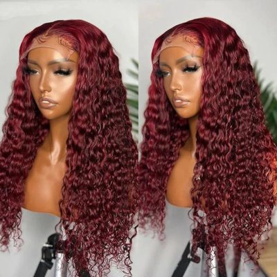 99J Burgundy Water Wave Wig Human Hair Lace Front 180% Density - Image 3
