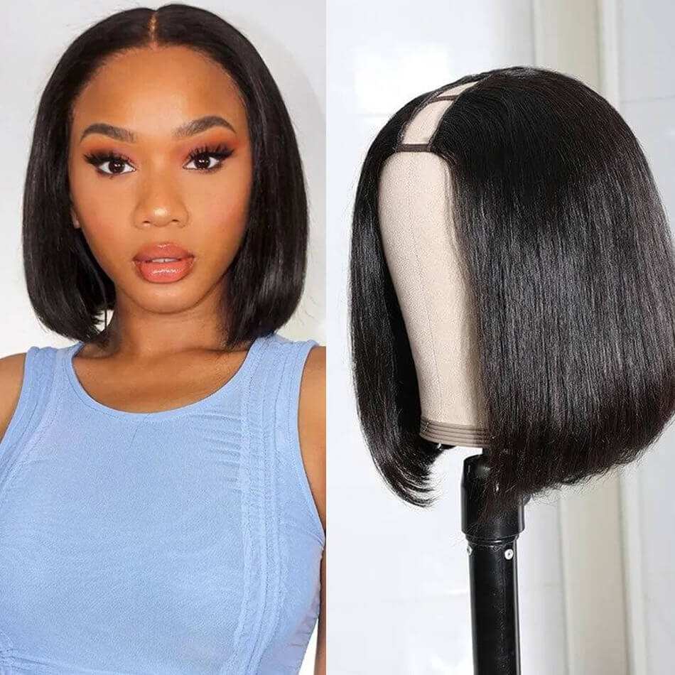 Evanhair-U-part-bob-straight-wig-human-hair-natural-black-10-14-inch (1) U Part Bob Straight Wig Human Hair 180% Density Glueless Machine Made - Image 1