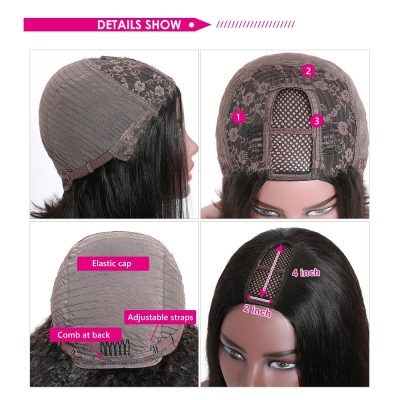 U Part Bob Straight Wig Human Hair 180% Density Glueless Machine Made - Image 4