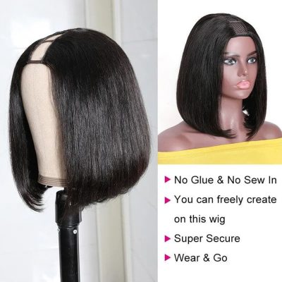 U Part Bob Straight Wig Human Hair 180% Density Glueless Machine Made - Image 3