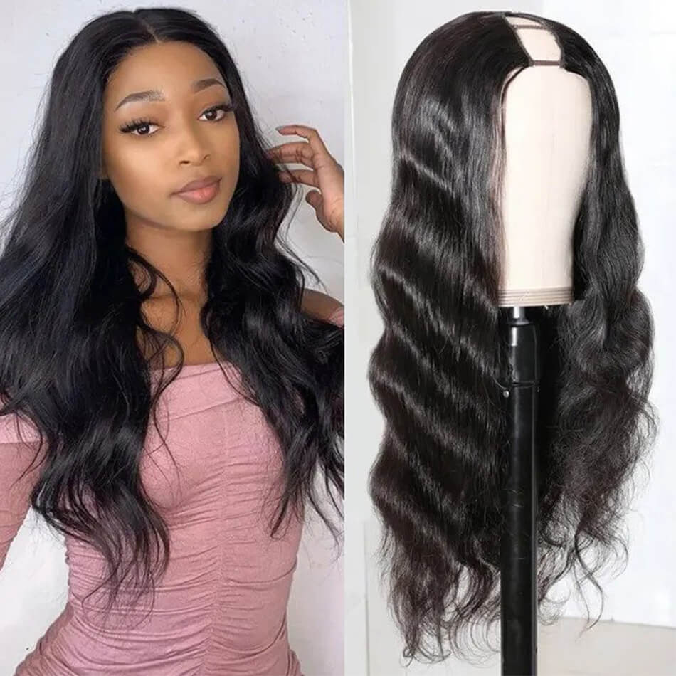 Evanhair-U-part-body-wave-wig-human-hair-natural-black-10-26-inch (1) U Part Body Wave Wig Human Hair Glueless Machine Made 180% Density Natural Look - Image 1