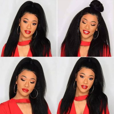 U Part Kinky Straight Wig Human Hair Glueless Machine Made 180% Density Natural Look - Image 5