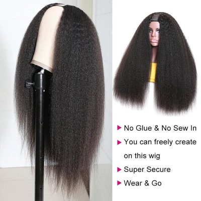 U Part Kinky Straight Wig Human Hair Glueless Machine Made 180% Density Natural Look - Image 4