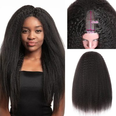 U Part Kinky Straight Wig Human Hair Glueless Machine Made 180% Density Natural Look - Image 3