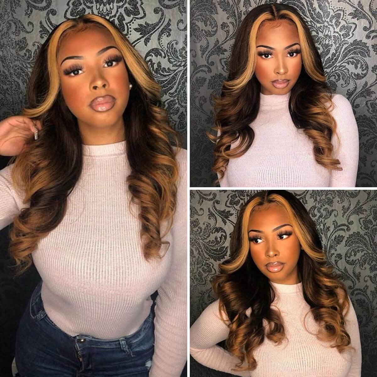 Evanhair-highlight-brown-body-wave-wig-human-hair-for-women-16-30-inch (1) Highlight Brown Body Wave Wig Human Hair Lace Front With Dark Roots 180% Density - Image 1