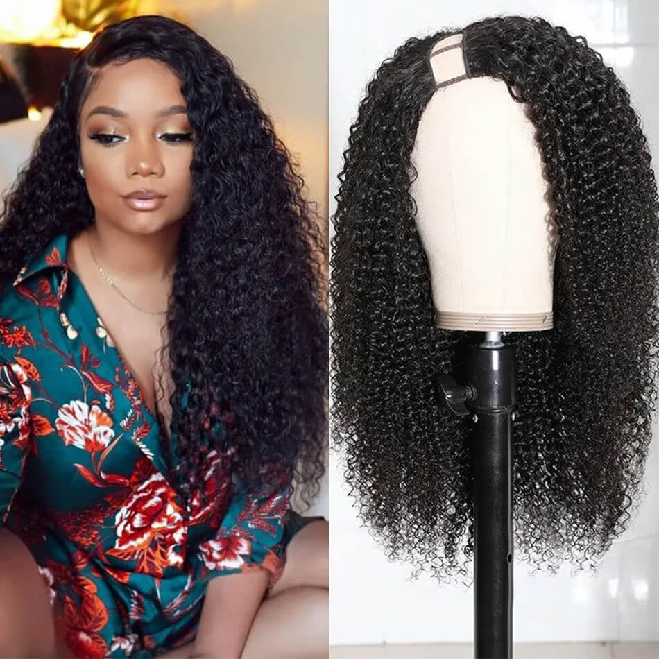 Evanhair-right-side-U-part-kinky-curly-wig-human-hair-natural-black-10-26-inch (1) Right Side U Part Kinky Curly Wig Human Hair 180% Density Glueless Machine Made - Image 1