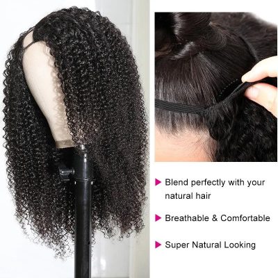 Right Side U Part Kinky Curly Wig Human Hair 180% Density Glueless Machine Made - Image 4