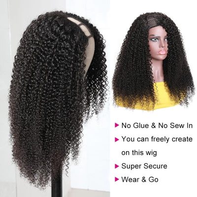 Right Side U Part Kinky Curly Wig Human Hair 180% Density Glueless Machine Made - Image 3