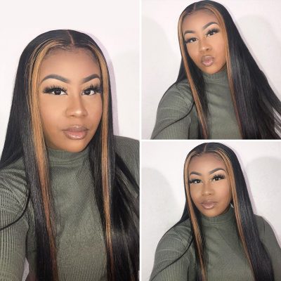 Highlight Brown Straight Wig Human Hair With Dark Roots Lace Front - Image 4