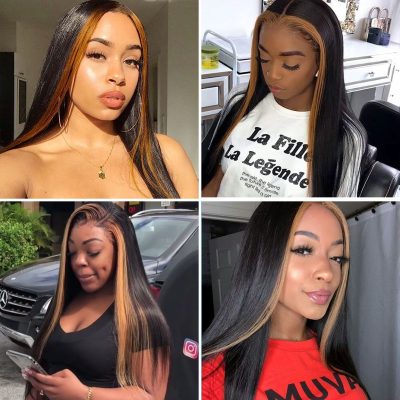 Highlight Brown Straight Wig Human Hair With Dark Roots Lace Front - Image 6