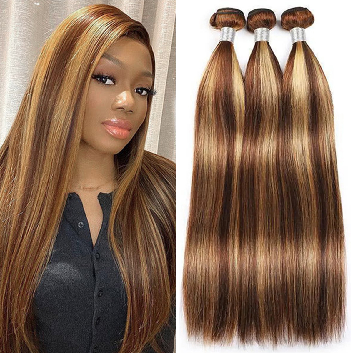 Evanhair-highlight-honey-blonde-straight-hair-3-bundles-human-hair-10-30-inch Highlight Honey Blonde Straight Hair 3 Bundles 100% Human Hair Weave - Image 1